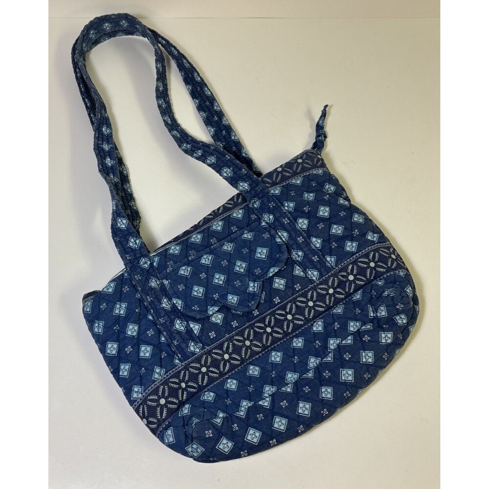 Tanya Lee Navy Blue Floral Quilted Multi Pocket Cotton Square Shoulder Bag